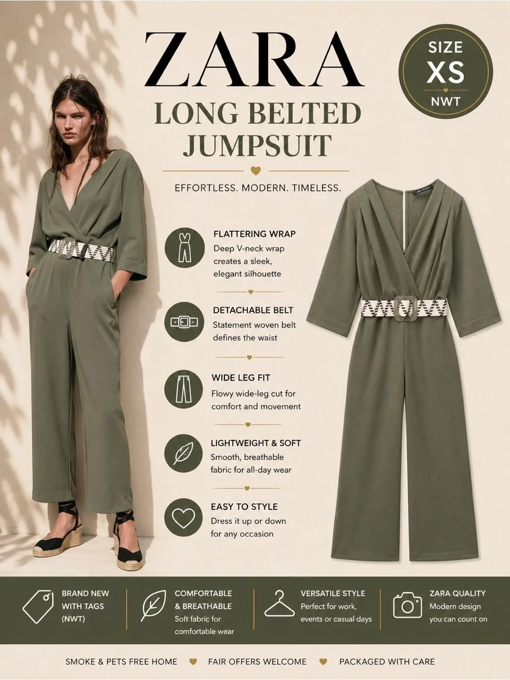 ZARA Dark Khaki Belted Wide Leg Jumpsuit XS NWT Wrap V Neck 3/4 Sleeve